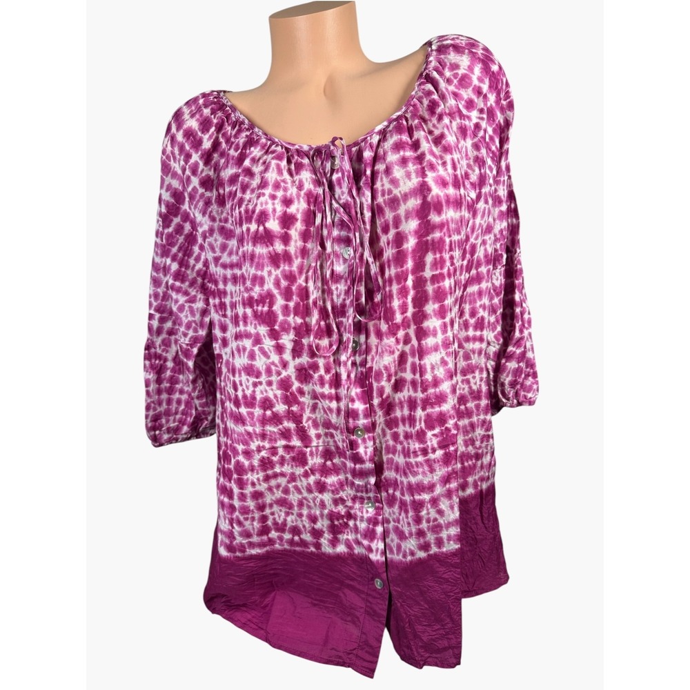 New Directions 2X Womens Blouse Top Pink Silk Cotton Lightweight Tie Button 3/4